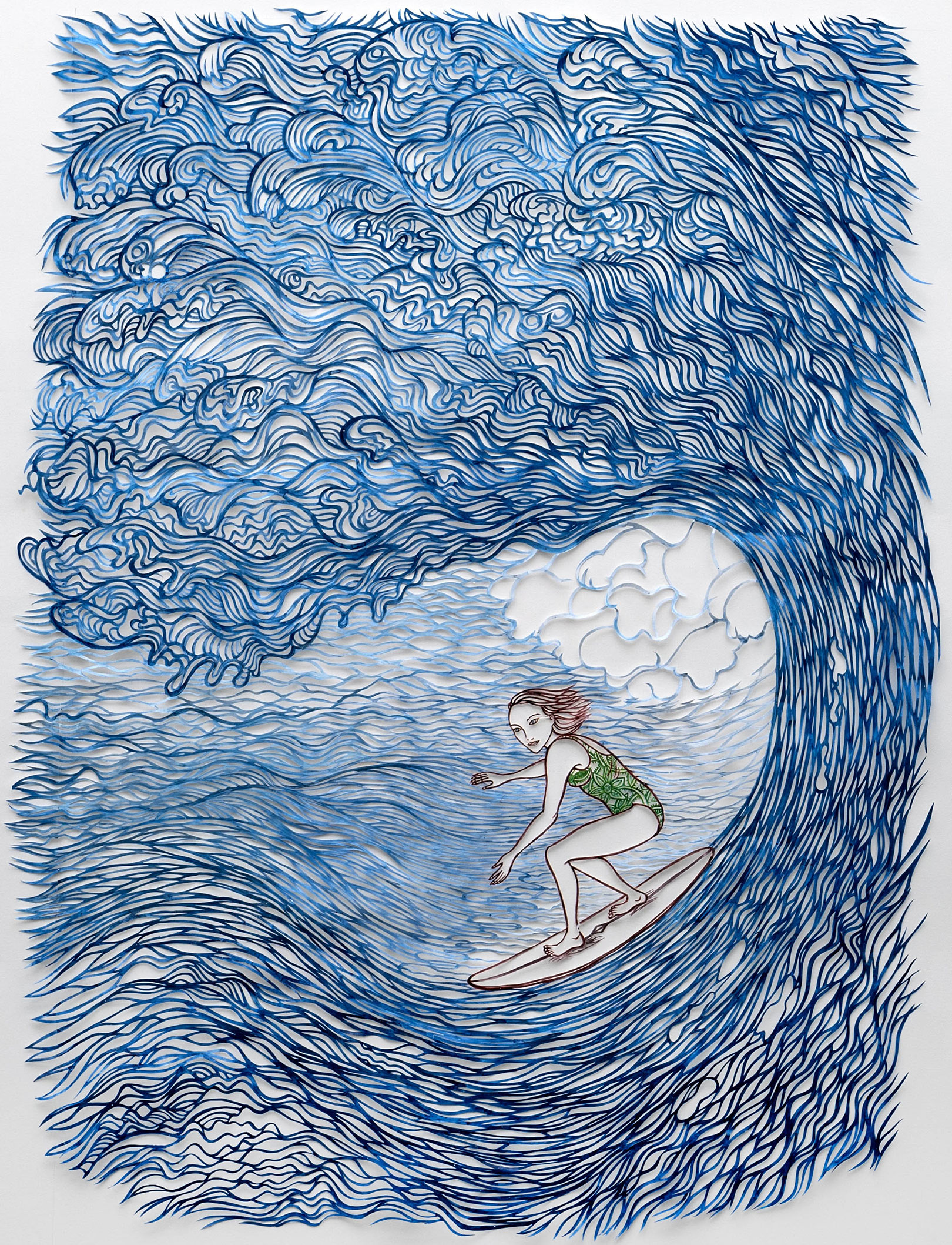 Surferin, 2024 , Scherenschnitt, 295 x 220cm, Tusche, Acryl auf Karton an Wand