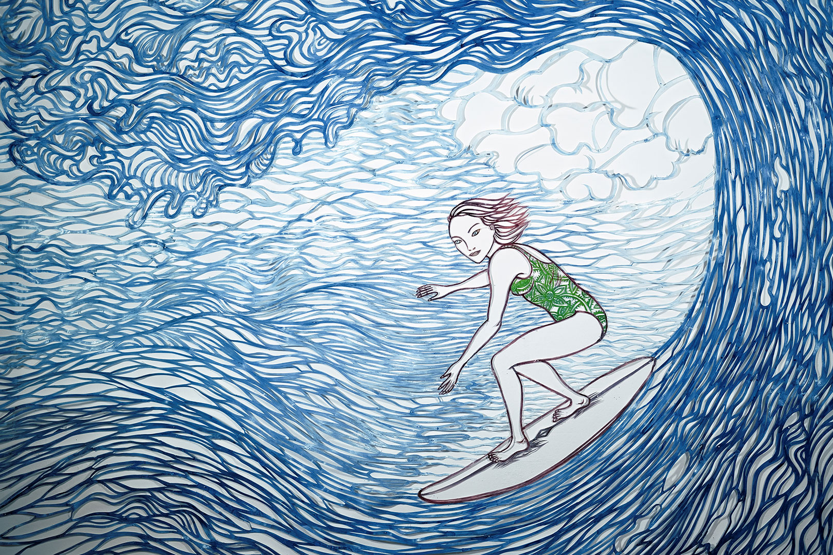 Surferin, 2024 , Scherenschnitt, 295 x 220cm, Tusche, Acryl auf Karton an Wand, Detail