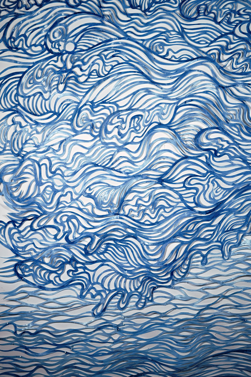 Surferin, 2024 , Scherenschnitt, 295 x 220cm, Tusche, Acryl auf Karton an Wand, Detail